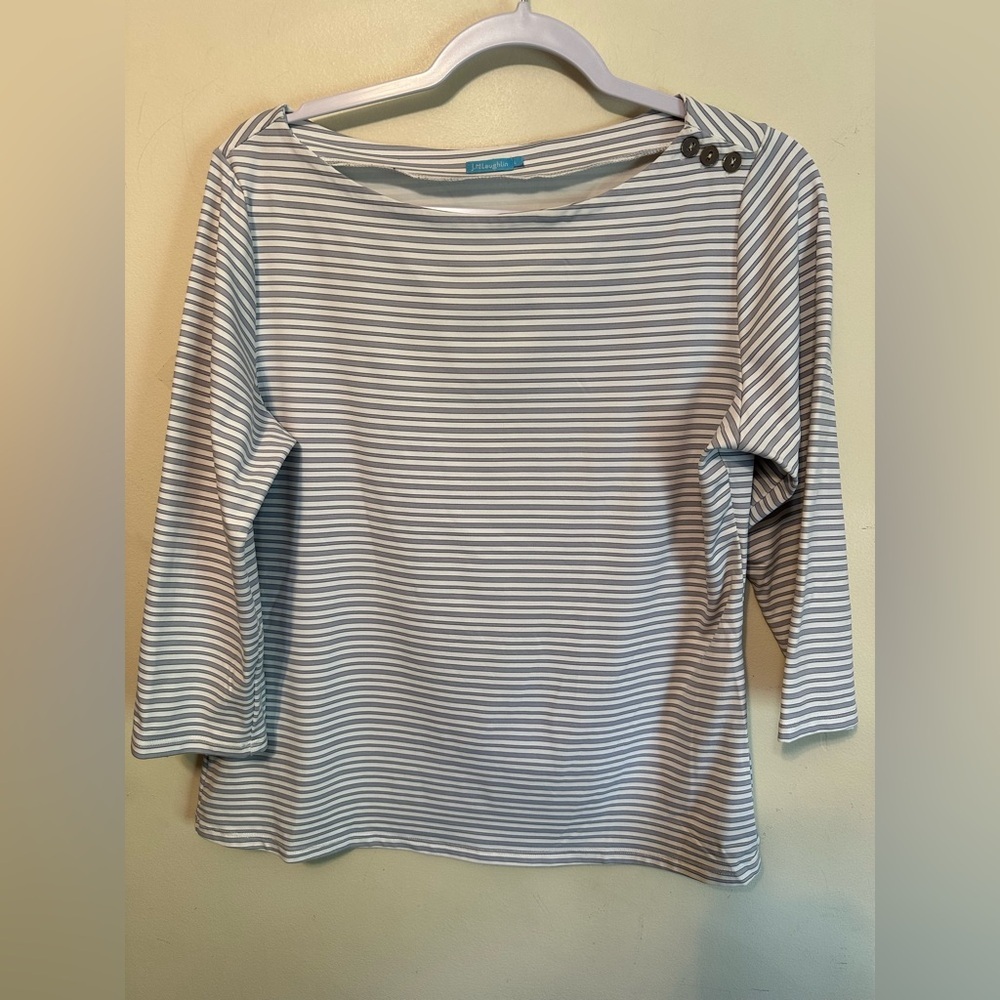 J McLaughlin Boot Neck Striped Long Sleeve Top Size Large Preppy Classic‎